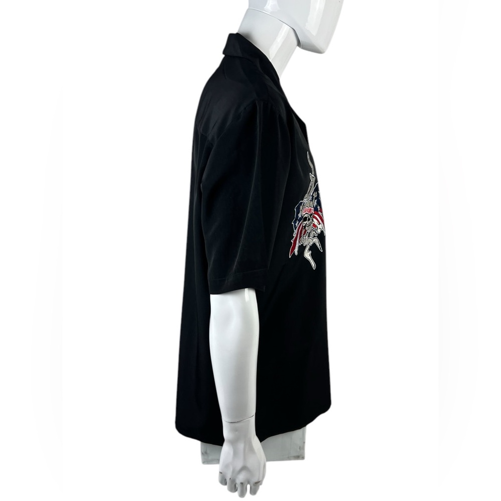 Dragonfly Mens Large Shirt Button Front Black Embroidered Skull Flag Vintage - Picture 6 of 14